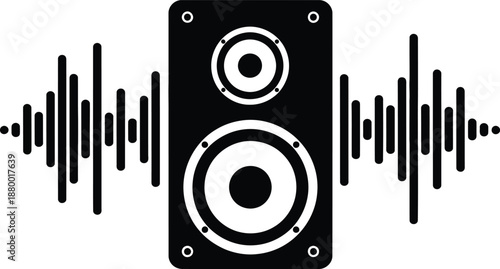 A minimalistic black speaker icon with sound wave graphic isolated on a white background