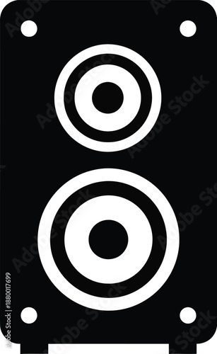 A minimalistic flat icon design featuring a black audio speaker with two drivers on a white background