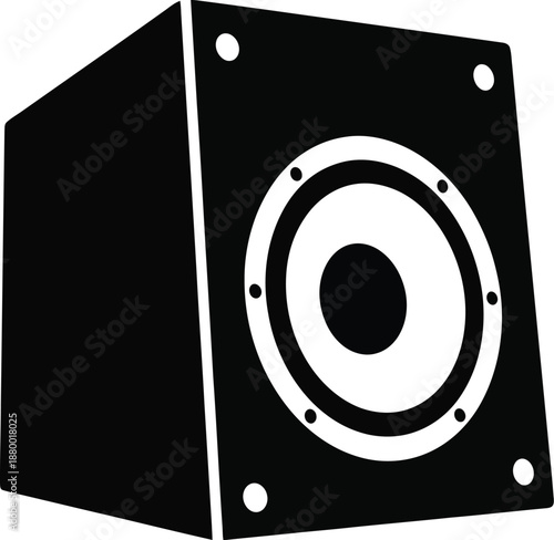 A simple black and white graphic illustration of a modern audio speaker cabinet