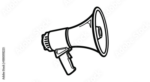 A detailed black and white illustration depicts a classic megaphone design focusing on its shape and handle appearing as a silhouette