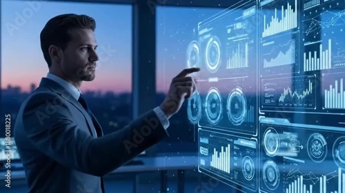 A man in suit interacts with digital interface, filled with chart and data, representing modern business, analytics, future, and technology
