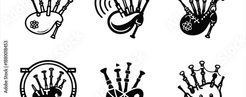 Bagpipe Icon Set for Burns Night Celebration, Scottish Traditional Wind Instrument, Black Line Vector