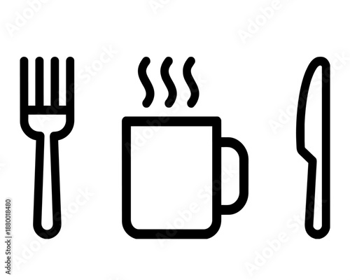 Breakfast line icon. Vector illustration of a steaming coffee cup with fork and knife. Restaurant and cafe menu symbol in outline style
