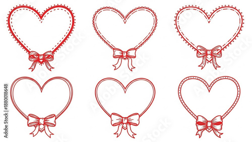 Red Heart Frame Set with Bows Doodle Line Art Valentine Design