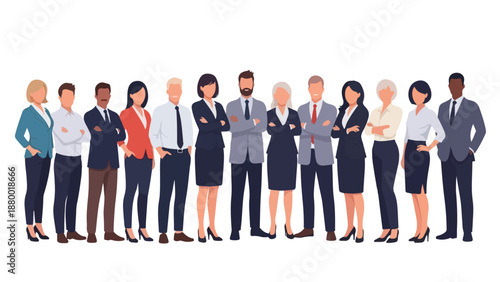 Flat vector illustration of a diverse group of professionals standing together in modern casual outfits. Clean shapes, simple design, solid colors, and a white background