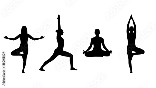 fitness yoga silhouette set woman practicing meditation poses mindfulness wellness exercise healthy lifestyle workout flexibility