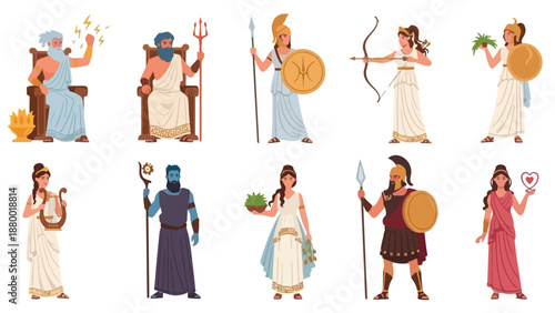 Flat vector cartoon set of ancient Greek gods and goddesses, including Zeus with lightning, Poseidon with a trident, Athena as a warrior, and other mythological figures. Simple shapes, clean style, mi