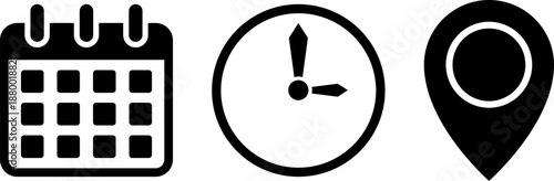 Minimalist calendar, clock, and location icons set