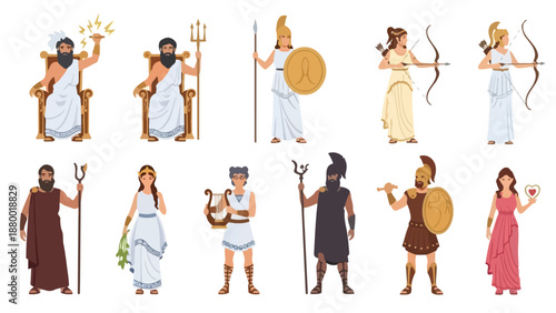Flat vector cartoon set of ancient Greek gods and goddesses, including Zeus with lightning, Poseidon with a trident, Athena as a warrior, and other mythological figures. Simple shapes, clean style, mi