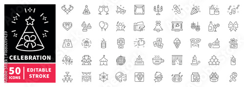 Celebration icons set. editable line icons for party, festival, and event design