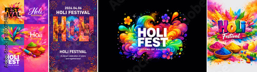 Vibrant Holi festival Indian poster collection with colorful powder splashes, festive typography and playful elements. Bright modern illustration for Holi celebration, event promotions, banner
