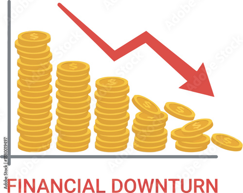 Illustration depicting a financial downturn with decreasing stacks of gold coins and a red downward arrow, symbolizing economic decline and loss.