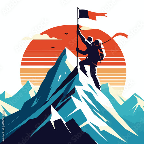 Vector of mountain climber reaching the summit, flat vector illustration, minimalist design, white background