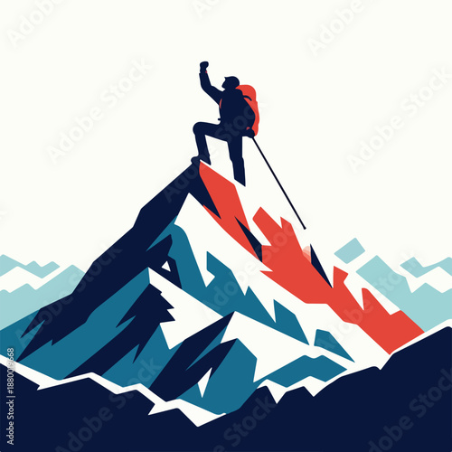 Vector of mountain climber reaching the summit, flat vector illustration, minimalist design, white background