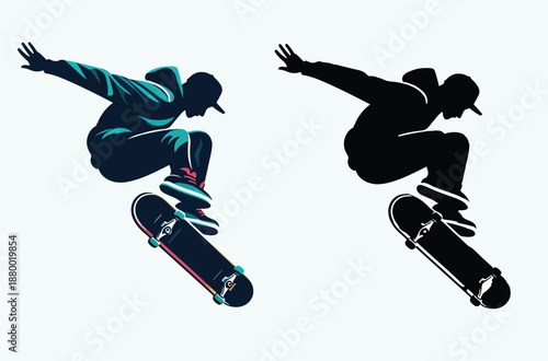 Vector  setof skateboarder performing a trick, flat vector illustration, clean design, minimalist