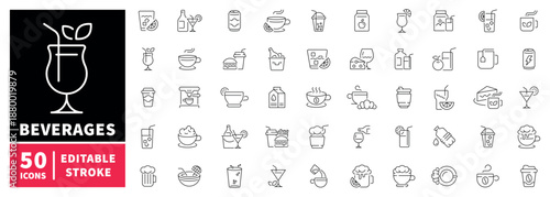 Beverage icons set. editable line icons, outline for drinks and refreshments