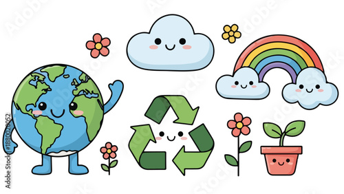 A cute cartoon illustration celebrating Earth Day with cheerful eco characters. Bright colors, simple shapes, playful style, and a positive environmental theme