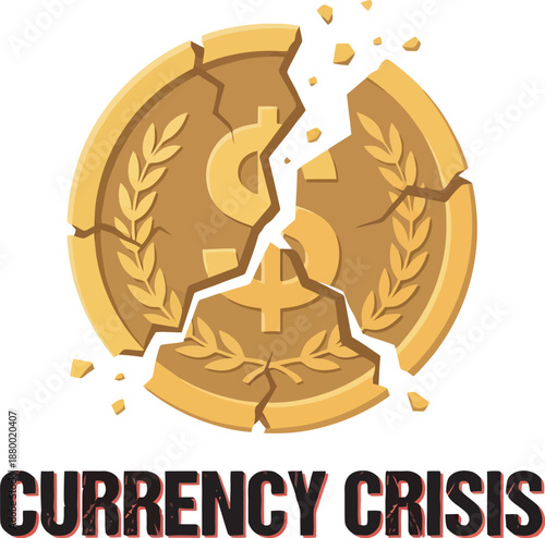 A golden dollar coin is depicted cracking and breaking apart, symbolizing a severe currency crisis or economic collapse.