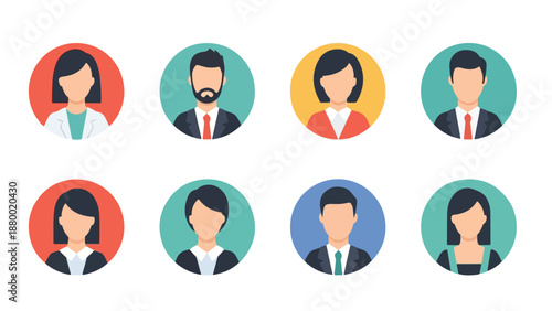 Flat vector set of minimalist user avatars in circular frames. Men and women with faceless designs, clean shapes, solid colors, and a modern flat style. Simple and UI-friendly, suitable for profiles