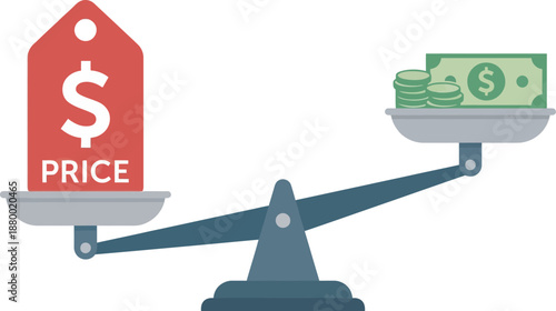 A balance scale weighing a red price tag against a stack of money, illustrating cost and value.