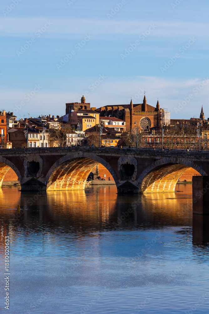 Obraz premium Panorama of Pont Neuf over the Garonne River in winter, Notre-Dame de la Dalbade Church and the Carmes district seen from Saint-Pierre Bridge in Toulouse