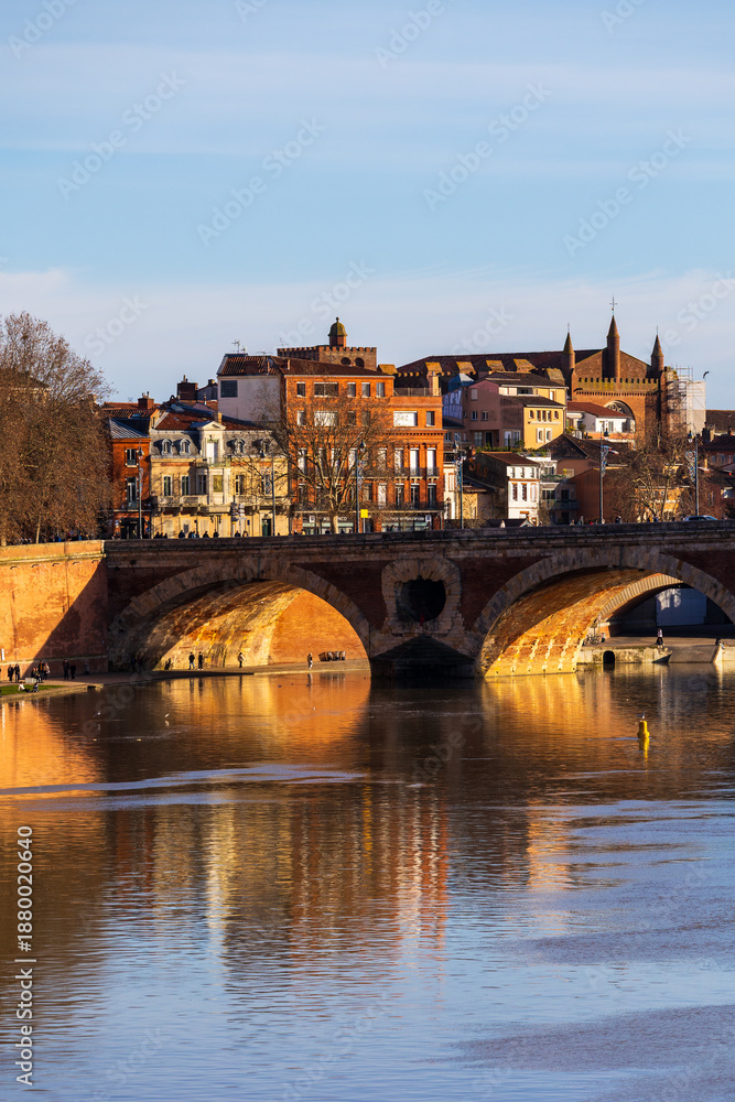 Obraz premium Panorama of Pont Neuf over the Garonne River in winter, Notre-Dame de la Dalbade Church and the Carmes district seen from Saint-Pierre Bridge in Toulouse