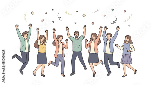 Flat vector illustration of joyful people celebrating together, jumping with excitement and raised arms