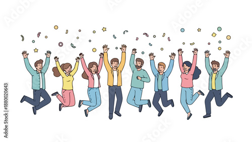 Flat vector illustration of joyful people celebrating together, jumping with excitement and raised arms