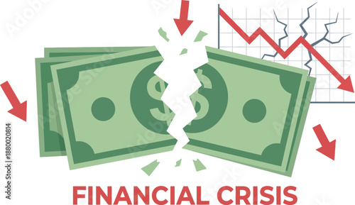An illustration depicting a financial crisis with torn dollar bills, a declining stock market graph, and red downward arrows symbolizing economic collapse and recession.