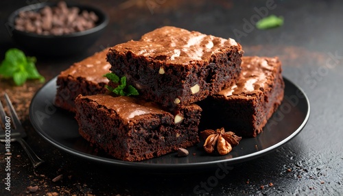 Delicious Chocolate Brownies with Nuts on a Plate.