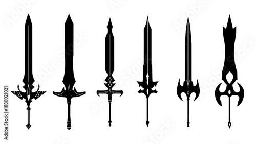 Vector fantasy sword set black silhouette. Game ready sword set.