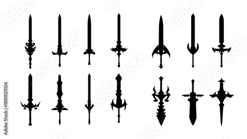 Vector fantasy sword set black silhouette. Game ready sword set.