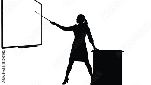 Silhouette of professional female presenter pointing with stick toward blank display screen during presentation
