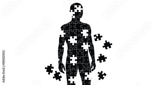 Silhouette of a human figure composed of missing jigsaw puzzle pieces symbolizing fractured identity or health