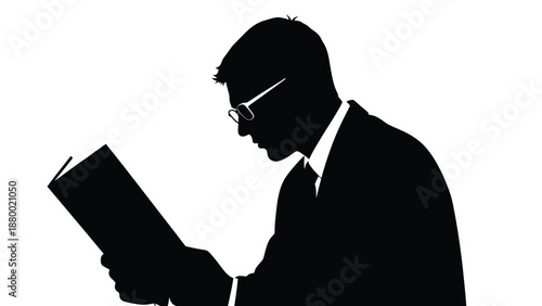 Silhouette of a focused businessman wearing glasses deeply engrossed in reading a small book