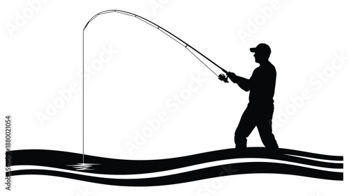 Silhouette of a fisherman casting a line with a bent rod over stylized water waves