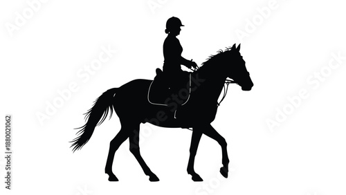 Silhouette of a female equestrian rider wearing a helmet atop a walking horse against white