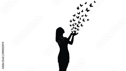Silhouette of a woman releasing a swarm of butterflies upwards into the white void