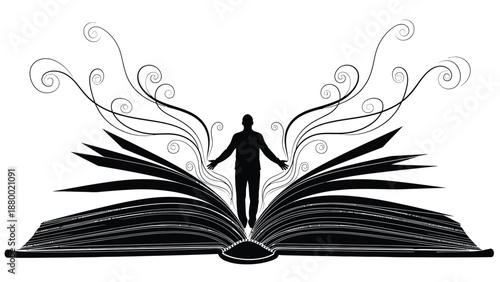 Silhouette of a person emerging from an open book surrounded by swirling abstract vines