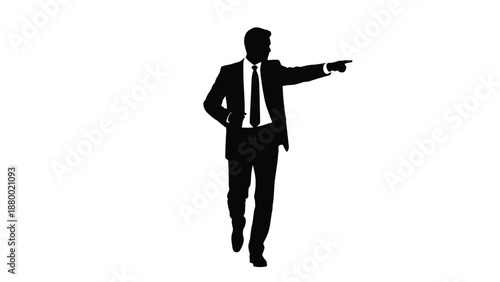 Silhouette of a businessman in a suit confidently pointing forward against a stark white background