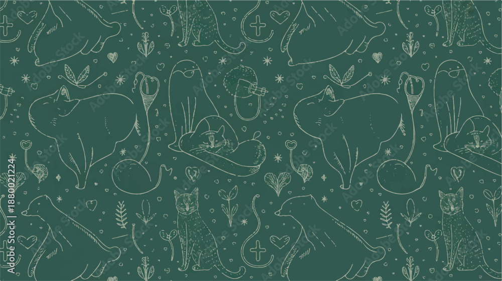 Fototapeta premium cats and plants pattern with hearts and stars on green background