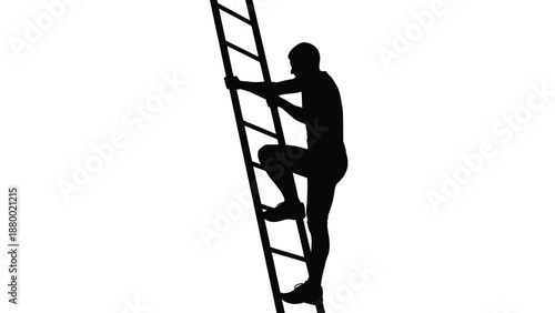 Silhouette of determined athlete vigorously climbing a tall ladder toward an unseen destination