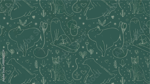 cats and plants pattern with hearts and stars on green background