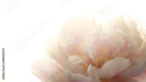 A softly focused close up view of a delicate pale pink and white peony flower bathed in gentle sunlight