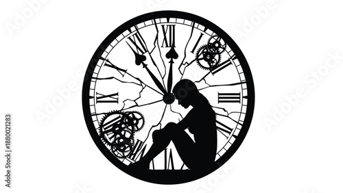 Silhouette of stressed woman sitting inside a broken antique clock face symbolizing pressure