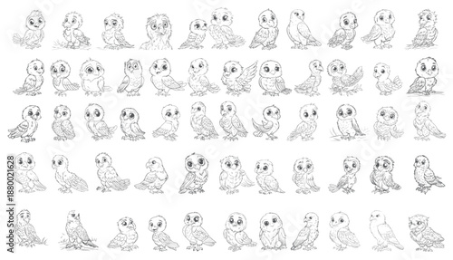 Kawaii baby birds bundle, adorable feathered animal illustrations