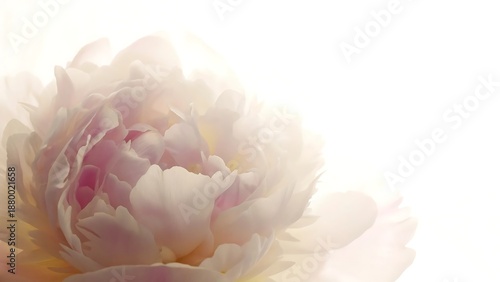 A soft focus close up reveals the delicate petals of a pale pink and white peony in bloom
