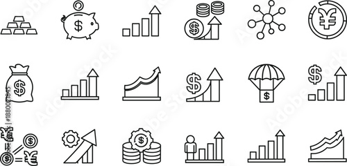 Business Icon Bundle Featuring Financial Growth Charts Construction Tools Communication Symbols Team Leadership Success Marketing Analytics Industrial Engineering Building Development Statistics