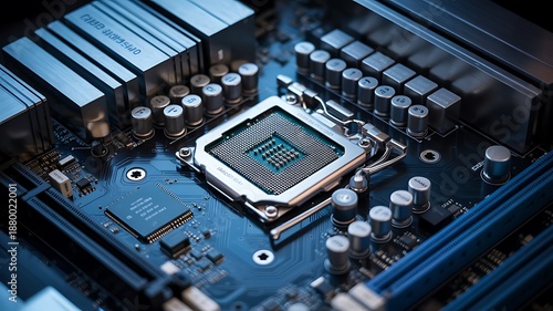 Close-up of a computer motherboard with various components circuit board electronics technology