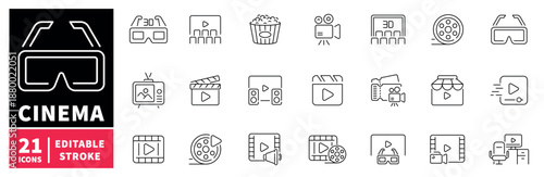 Cinema and movies icons set. editable line icons, outline, film, video symbols